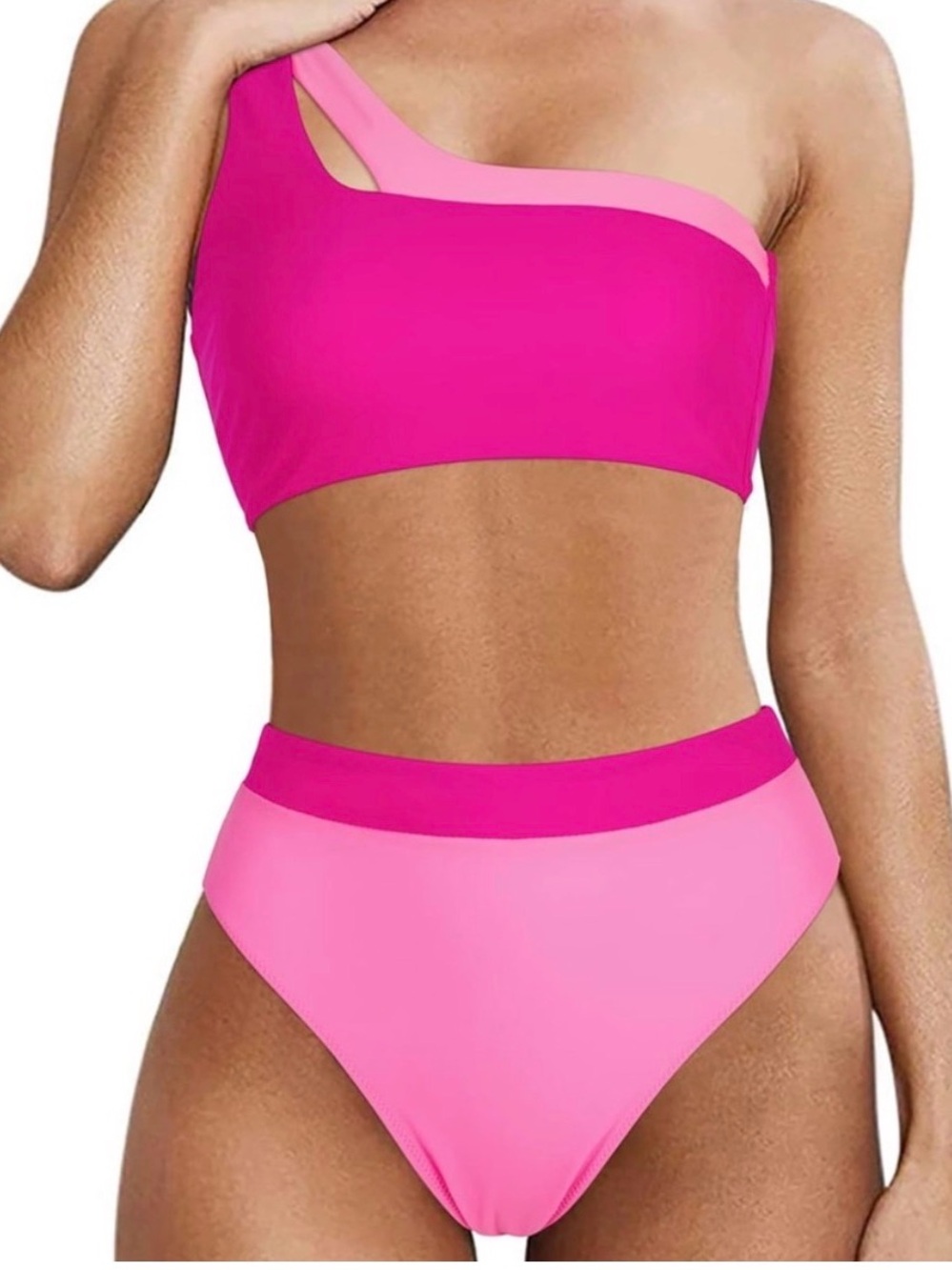 One-Shoulder Two-Tone Pink High-Waist Bikini